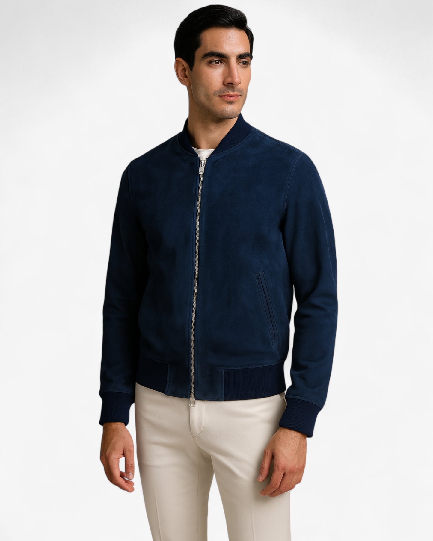 Navy Suede Bomber Jacket