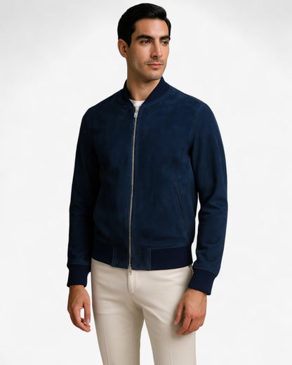 Navy Suede Bomber Jacket