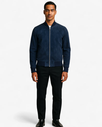 Navy Suede Bomber Jacket